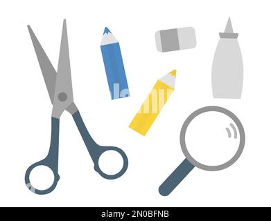 Scissors, pencil, magnifying glass, glue icons isolated on white background. Set of vector stationery for craft or school educational activities. Kids Stock Vector