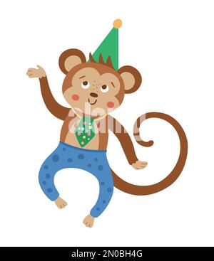 Vector cute dancing monkey in birthday hat. Funny b-day animal for card, poster, print design. Bright holiday illustration for kids. Cheerful celebrat Stock Vector