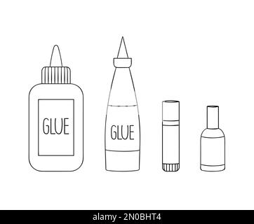 Set of glue line icons. Vector colored stationery, writing materials, office or school supplies isolated on white background. Cartoon style Stock Vector