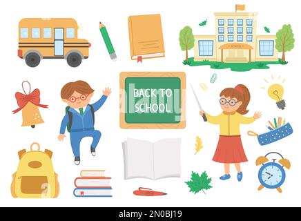 Back to school vector set of elements. Big educational clipart collection with teacher and schoolboy. Cute flat style classroom objects with supplies, Stock Vector