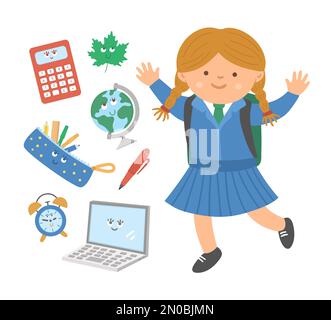 Cute happy jumping schoolgirl with flat style kawaii classroom objects. Back to school vector set of smiling elements with pupil in uniform. Education Stock Vector