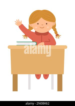 Vector cute happy schoolgirl sitting at the desk with hand up. Elementary school classroom illustration. Clever kid in glasses at the lesson. Girl rea Stock Vector