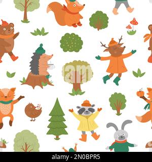 Seamless pattern with vector autumn characters. Cute woodland animals repeat background. Fall season texture.  Funny forest print with hedgehog, fox, Stock Vector