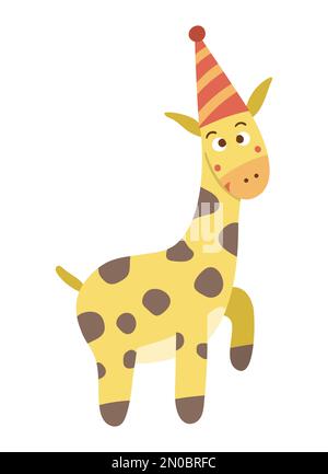 Vector cute giraffe in birthday hat. Funny b-day animal for card, poster, print design. Bright holiday illustration for kids. Cheerful celebration cha Stock Vector