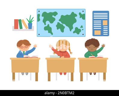 Vector cute happy schoolchildren sitting at the desks with hands up. Elementary school classroom illustration. Clever kids at the lesson. Boys and gir Stock Vector