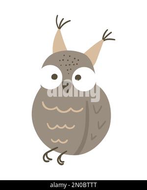 Vector cartoon style hand drawn flat funny sitting owl. Cute illustration of woodland bird for children’s design. Stock Vector