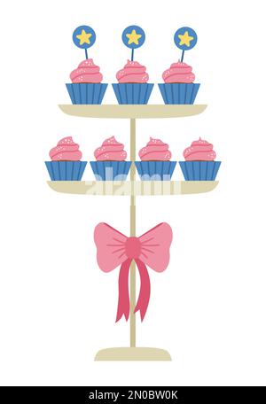 Vector birthday desserts on layered stand with bow. Cute funny celebration cupcakes illustration for card, poster, print design. Bright holiday concep Stock Vector