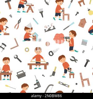 Vector seamless pattern with boys doing carpenter, building or wood work and tools. Flat funny kid character repeating background. Craft lesson digita Stock Vector