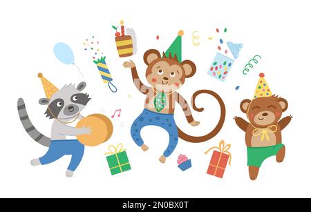 Cute party animals jumping with joy. Funny birthday card or invitation design. Bright vector illustration with sweet characters for kids. Holiday back Stock Vector