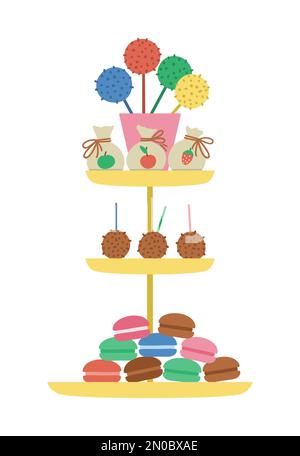 Vector birthday desserts on layered stand. Cute funny celebration treat illustration for card, poster, print design. Bright holiday concept for kids w Stock Vector