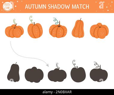 Autumn shadow matching activity for children. Fall season puzzle with cute pumpkins. Simple educational game for kids with vegetables. Find the correc Stock Vector