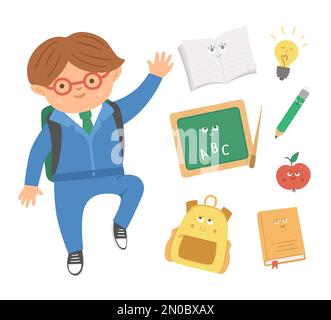 Cute happy jumping schoolboy with flat style kawaii classroom objects. Back to school vector set of smiling elements with pupil in uniform. Educationa Stock Vector