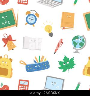 Back to school kawaii vector seamless pattern. Educational digital paper with cute flat style smiling objects.  Funny schoolbag, pencil, alarm, bell, Stock Vector