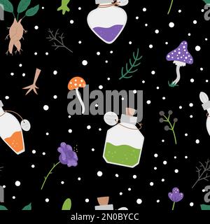 Seamless pattern with cute vector witchcraft elements. Digital paper with magic potion making objects. Halloween icons background. Funny autumn all sa Stock Vector