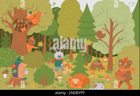 Vector autumn forest background with cute animals, leaves, trees, mushrooms. Funny woodland scene with bear, squirrel, sleeping fox and plants. Flat f Stock Vector