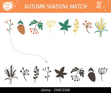 Autumn shadow matching activity for children. Fall season puzzle with cute plants. Simple educational game for kids with leaf, berries, cone. Find the Stock Vector