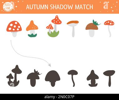 Autumn shadow matching activity for children. Fall season puzzle with cute mushrooms. Simple educational game for kids. Find the correct silhouette pr Stock Vector