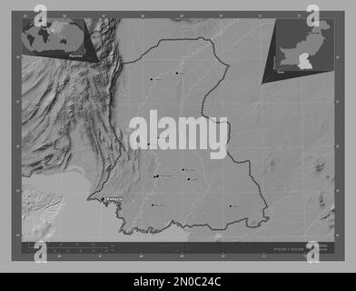 Sind, province of Pakistan. Bilevel elevation map with lakes and rivers. Locations and names of major cities of the region. Corner auxiliary location Stock Photo