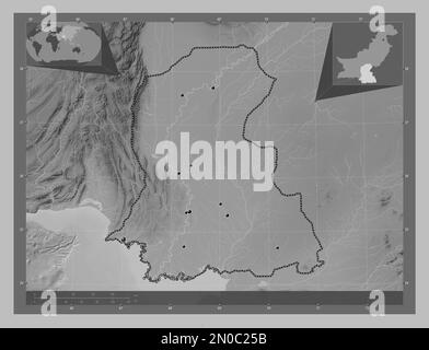 Sind, province of Pakistan. Grayscale elevation map with lakes and rivers. Locations of major cities of the region. Corner auxiliary location maps Stock Photo