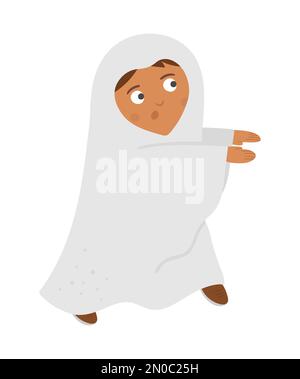 Boy dressed like a ghost. Cute vector Halloween kid character. Child in scary monster costume. Funny autumn all saints eve illustration. Samhain dress Stock Vector