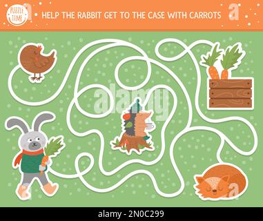 Autumn maze for children. Preschool printable educational activity. Funny fall season puzzle with cute woodland animal. Help the rabbit get to the cas Stock Vector