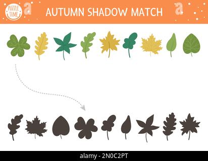 Autumn shadow matching activity for children. Fall season puzzle with cute plants. Simple educational game for kids with leaves. Find the correct silh Stock Vector