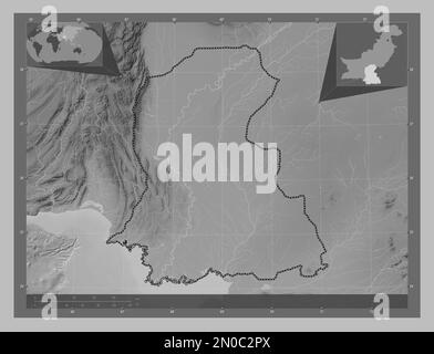 Sind, province of Pakistan. Grayscale elevation map with lakes and rivers. Corner auxiliary location maps Stock Photo