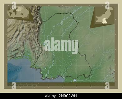 Sind, province of Pakistan. Elevation map colored in wiki style with lakes and rivers. Corner auxiliary location maps Stock Photo