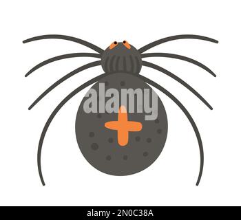 Vector spider with orange cross on back. Halloween character icon. Cute autumn all saints eve illustration with scary black insect. Samhain party sign Stock Vector