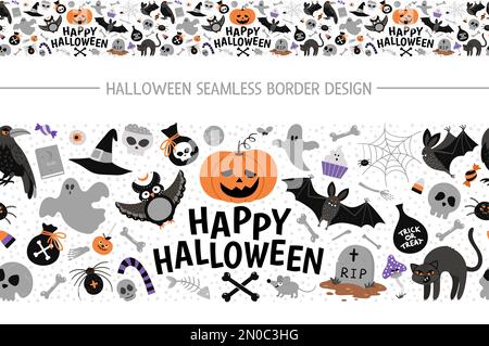 Vector seamless border brush with Halloween elements. Traditional Samhain party horizontal background. Scary pattern with jack-o-lantern, spider, ghos Stock Vector