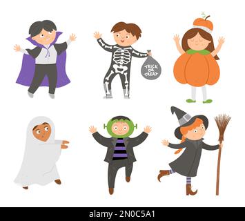Set of cute vector Halloween characters. Children in scary costumes collection. Funny autumn all saints eve illustration with vampire, ghost, pumpkin, Stock Vector