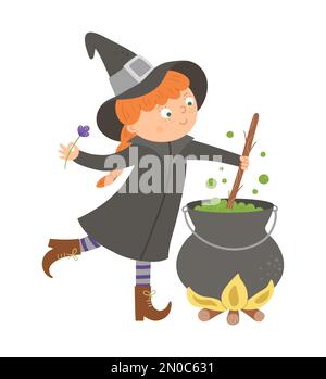 Cute vector witch. Halloween character icon. Funny autumn all saints eve illustration with girl preparing green potion in cauldron. Samhain party sign Stock Vector