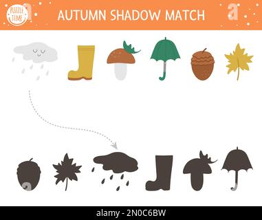 Autumn shadow matching activity for children. Fall season puzzle with cute objects. Simple educational game for kids with umbrella, cloud, leaf. Find Stock Vector