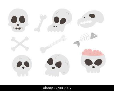 Set of vector skulls and bones. Halloween party illustration with human and animal skeletons. Scary design for Autumn Samhain party. All saints day el Stock Vector