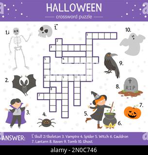 Vector Halloween crossword puzzle for kids. Simple quiz with all saints day objects for children. Educational activity with traditional scary objects, Stock Vector