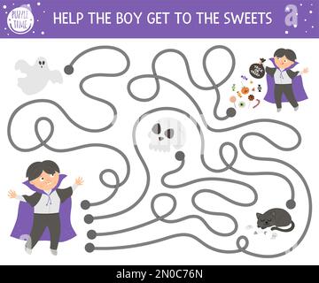 Halloween maze for children. Autumn preschool printable educational activity. Funny day of the dead game or puzzle with kid dressed as a vampire, ghos Stock Vector