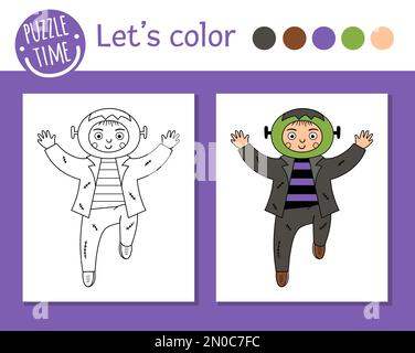 Halloween coloring page for children. Cute funny boy dressed like monster. Vector autumn holiday outline illustration. Trick or treat dress party colo Stock Vector