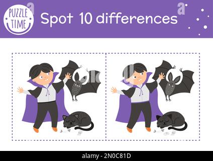 Halloween find differences game for children. Autumn educational activity with funny vampire, bat and black cat. Printable worksheet with smiling char Stock Vector