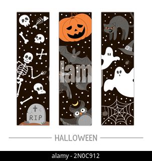 Vector back to school Halloween bookmarks set. Funny all saints day design for banners, posters, invitations. Vertical card template with skeleton, pu Stock Vector
