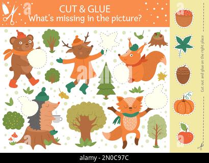 Vector autumn cut and glue activity. Fall season educational crafting game with cute forest animals. Fun activity for kids. What’s missing in the pict Stock Vector