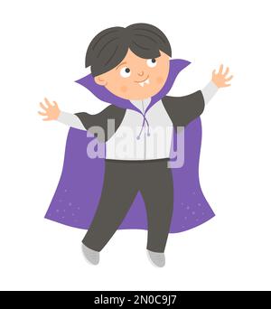 Boy dressed like a vampire. Cute vector Halloween kid character. Child in scary Dracula costume. Funny autumn all saints eve illustration. Samhain dre Stock Vector