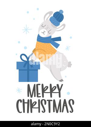Vector llama in hat, scarf and sweater with present and snowflakes. Cute winter animal illustration. Funny Christmas card design. New Year print with Stock Vector
