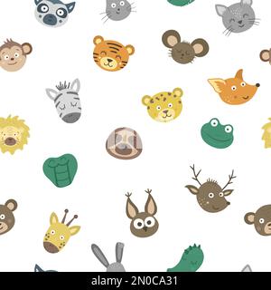 Vector seamless pattern with animal faces. Background with tropical and forest characters. Digital paper with emoji stickers. Heads with funny express Stock Vector