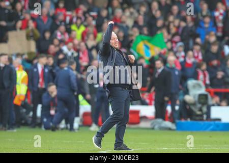 Nottingham, UK. 05th Feb, 2023. Steve Cooper manager of Nottingham Forest celebrates his teams win after the Premier League match Nottingham Forest vs Leeds United at City Ground, Nottingham, United Kingdom, 5th February 2023 (Photo by Gareth Evans/News Images) in Nottingham, United Kingdom on 2/5/2023. (Photo by Gareth Evans/News Images/Sipa USA) Credit: Sipa USA/Alamy Live News Stock Photo