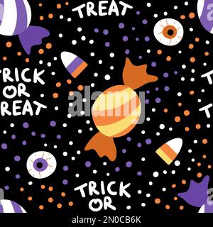 Vector seamless pattern with sweets for trick or treat game. Traditional Halloween party food background. Digital paper with scary stripy purple and o Stock Vector