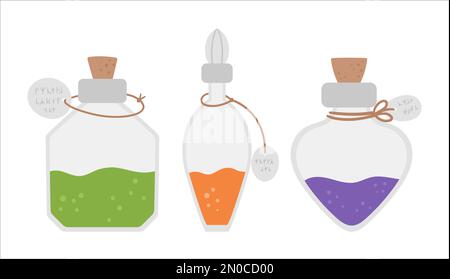 Vector bottles with magic potion. Set of cute witchcraft elements. Halloween icons collection. Autumn all saints eve illustration with witch objects. Stock Vector