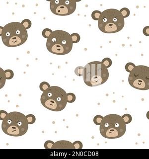Vector seamless pattern with bear faces and different emotions. Repeat background with animal emoji stickers. Digital paper with heads and funny expre Stock Vector