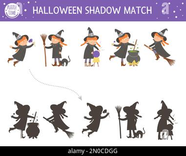 Halloween shadow matching activity for children. Autumn puzzle with witches. Educational game for kids with scary characters. Find the correct silhoue Stock Vector