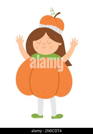 Girl dressed like a pumpkin. Cute vector Halloween kid character. Child in jack-o-lantern costume. Funny autumn all saints eve illustration. Samhain d Stock Vector