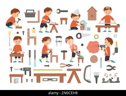 Vector set of boys doing carpenter, building or wood work and tools. Flat funny kid character sawing, nailing up, measuring, drilling a wall, screwing Stock Vector